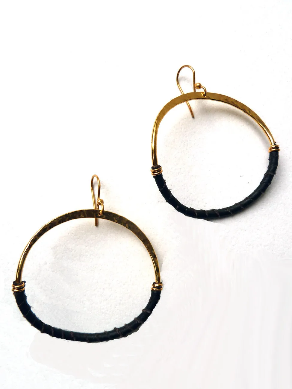 HOOP EARRINGS HAMMERED BRASS LEATHER SMALL LARGE