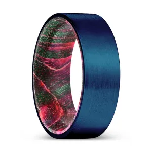 INDIE | Green & Red Wood, Blue Tungsten Ring, Brushed, Flat