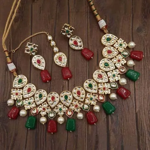 Inverted Drop Moti Stone Jadau Necklace Set