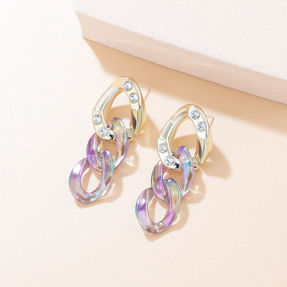 Iridescent Chain Link Statement Earrings with Crystal Accents-jlt11571