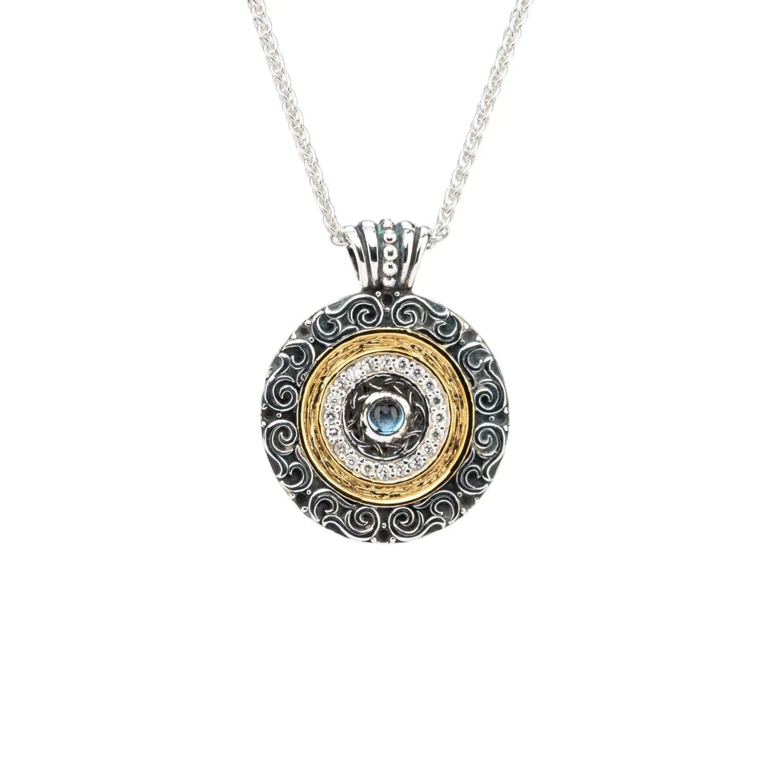 Keith Jack Sterling Silver   14k Gilded London Blue Topaz & CZ Shield Filigree Pendant