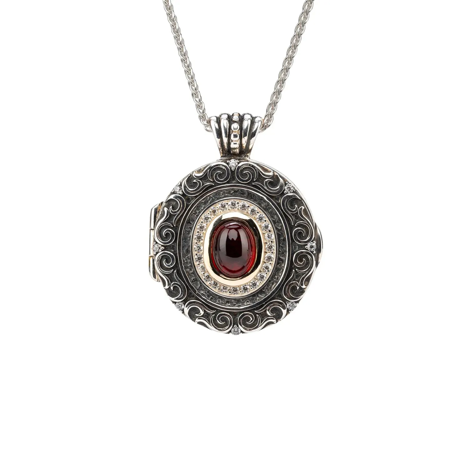 Keith Jack Sterling Silver Oxidized   10k with 14k Gilding Inside Garnet & CZ Filigree Shield Locket