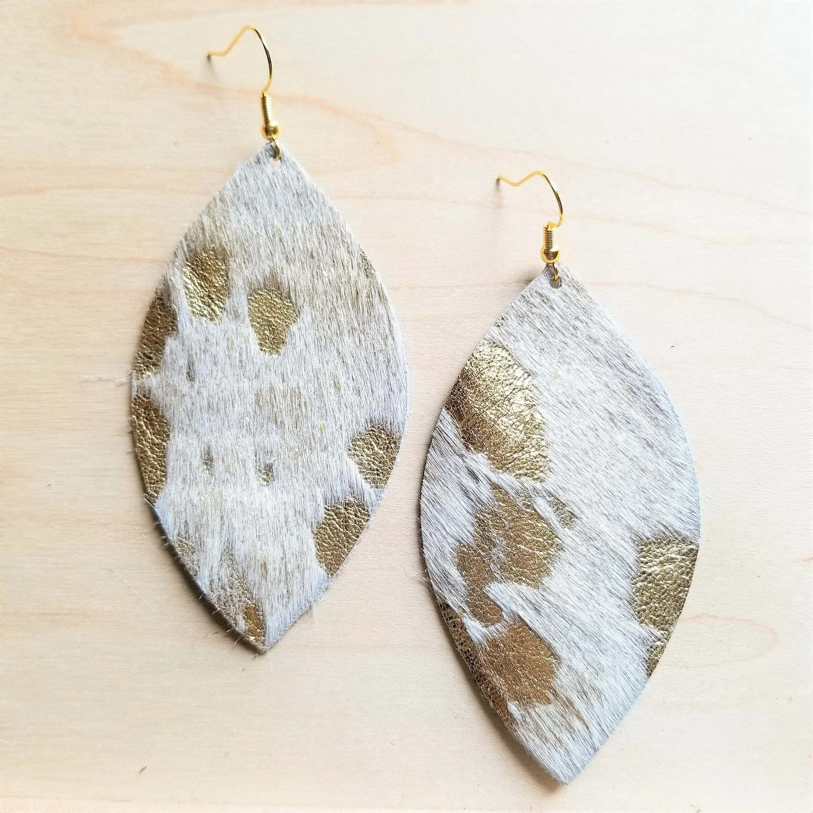 **Leather Oval Earrings-Cream and Gold Hair on Hide 220a