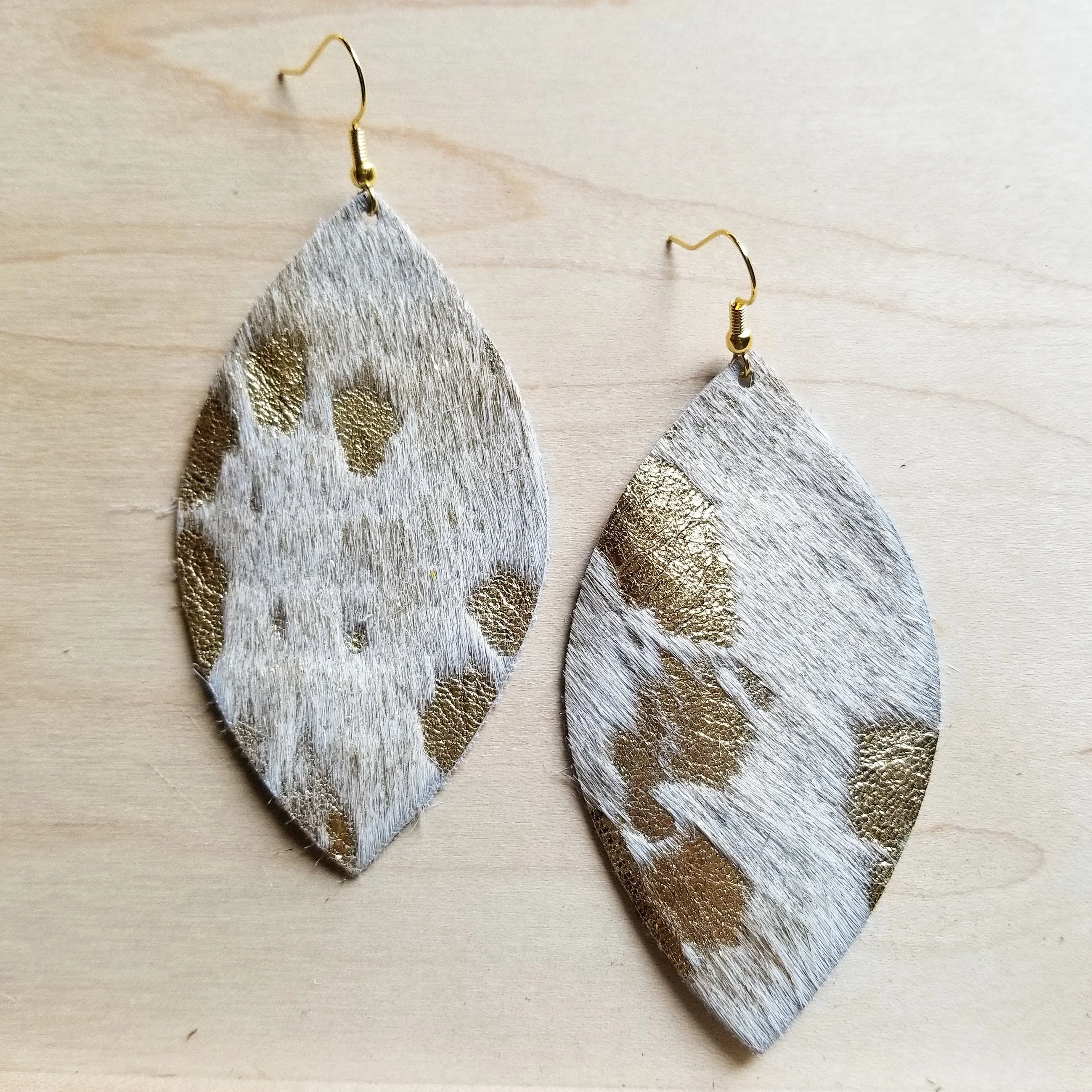 **Leather Oval Earrings-Cream and Gold Hair on Hide 220a