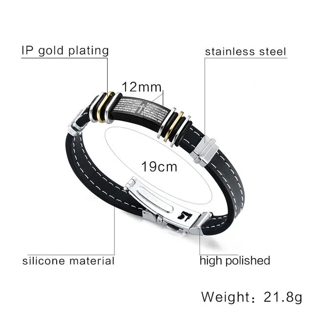 Meaeguet Jewelry Classic Stainless Steel Cross Bracelet For Men Simple Religious Black Rubber Charm Bracelets Spring Clasp