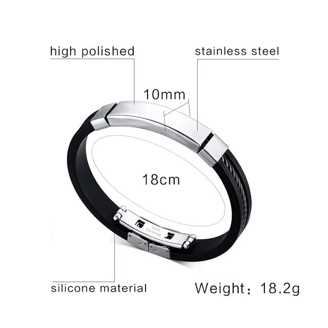 Meaeguet Jewelry Classic Stainless Steel Cross Bracelet For Men Simple Religious Black Rubber Charm Bracelets Spring Clasp