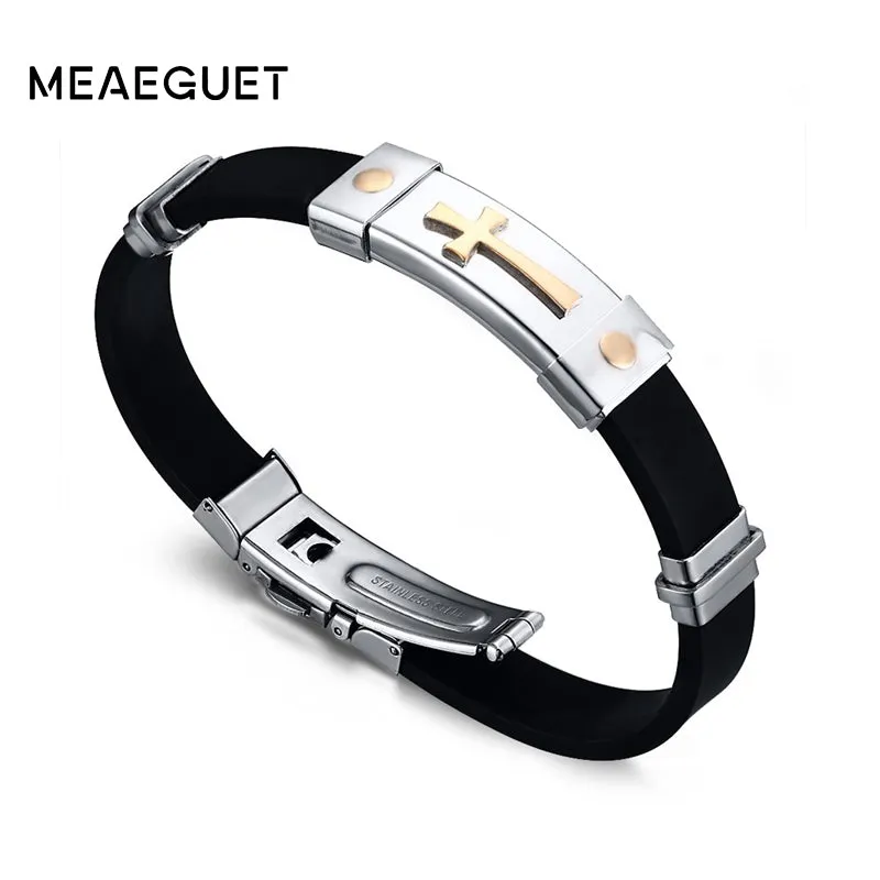 Meaeguet Jewelry Classic Stainless Steel Cross Bracelet For Men Simple Religious Black Rubber Charm Bracelets Spring Clasp