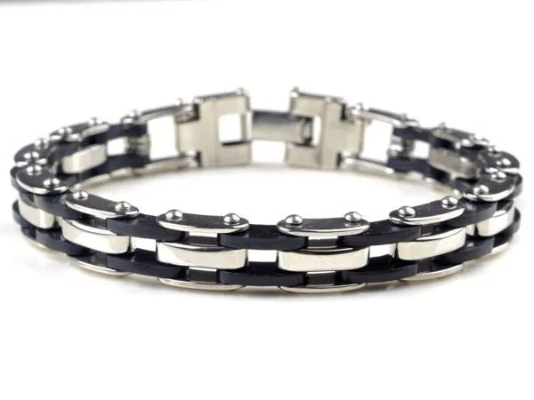 Men's Hot Silver Stainless Steel Bracelet Bangle Cuff Black Rubber Silicone Charm Jewelry For Men Gift