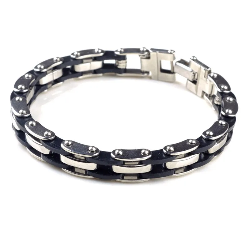 Men's Hot Silver Stainless Steel Bracelet Bangle Cuff Black Rubber Silicone Charm Jewelry For Men Gift