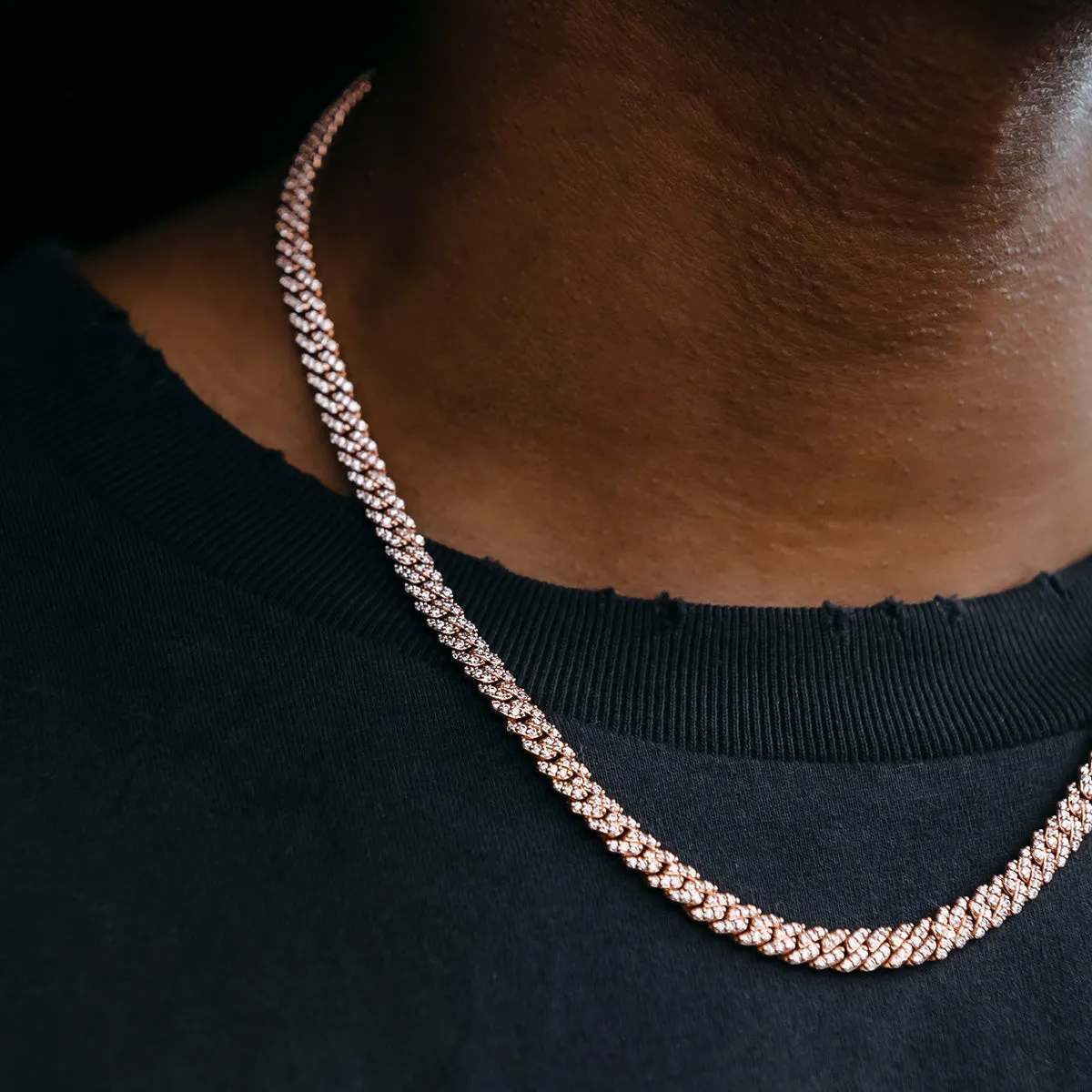 Micro Diamond Prong Cuban Chain in Rose Gold - 6mm