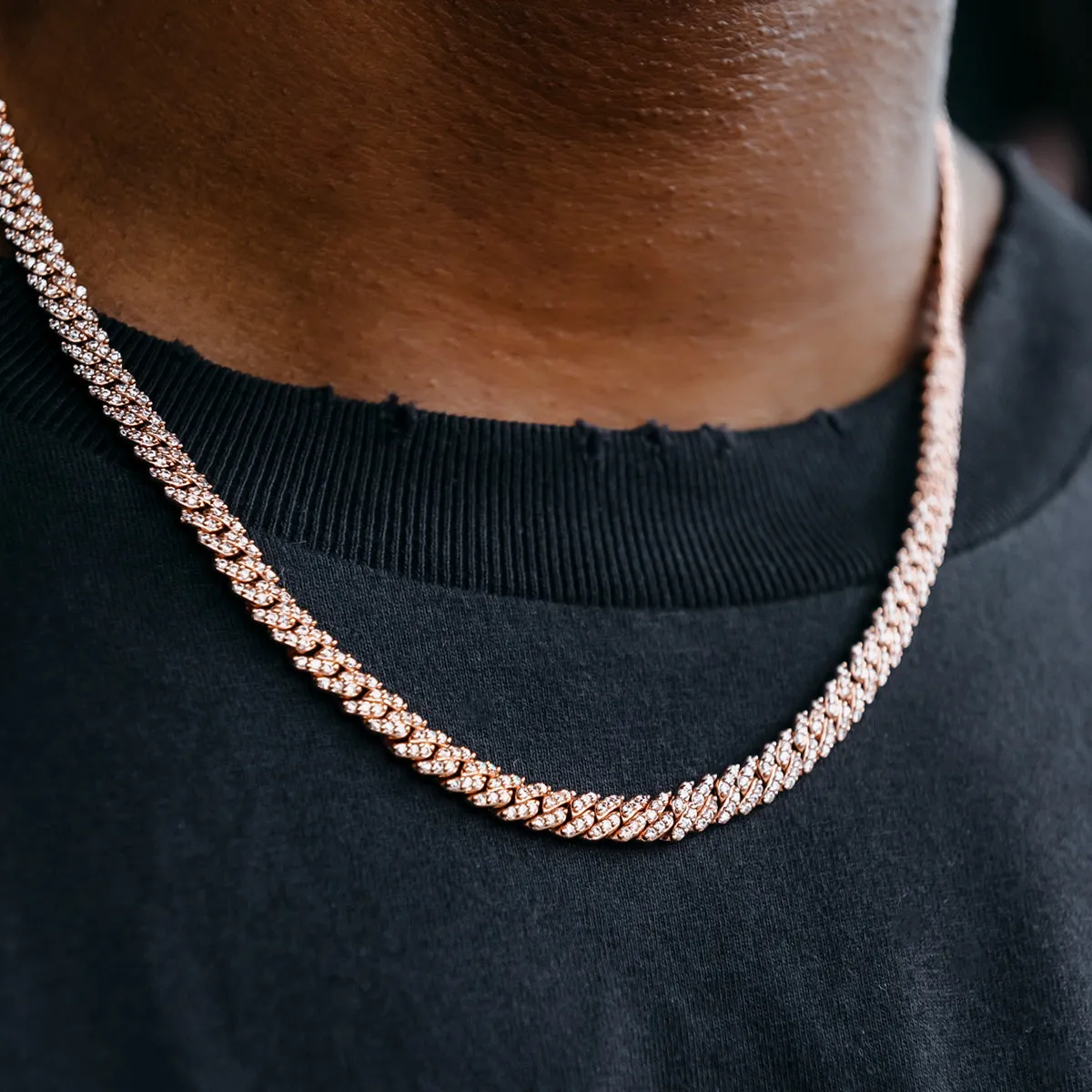 Micro Diamond Prong Cuban Chain in Rose Gold - 6mm