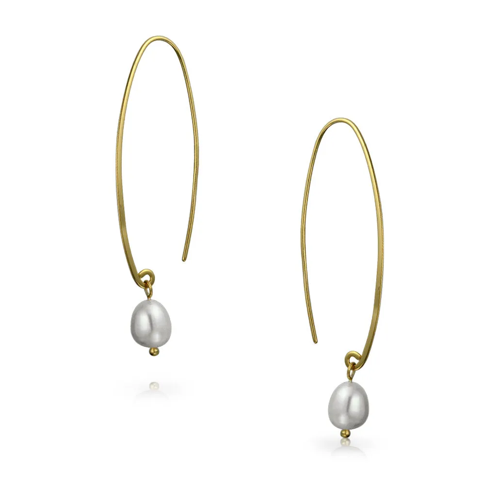 Minimalist Dangle Earrings 14K Gold Plated Pearl Threader Sterling Silver