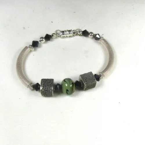 Mossy Green Lampwork Glass Bead and Noodle Bracelet