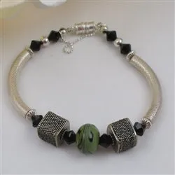 Mossy Green Lampwork Glass Bead and Noodle Bracelet