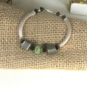 Mossy Green Lampwork Glass Bead and Noodle Bracelet