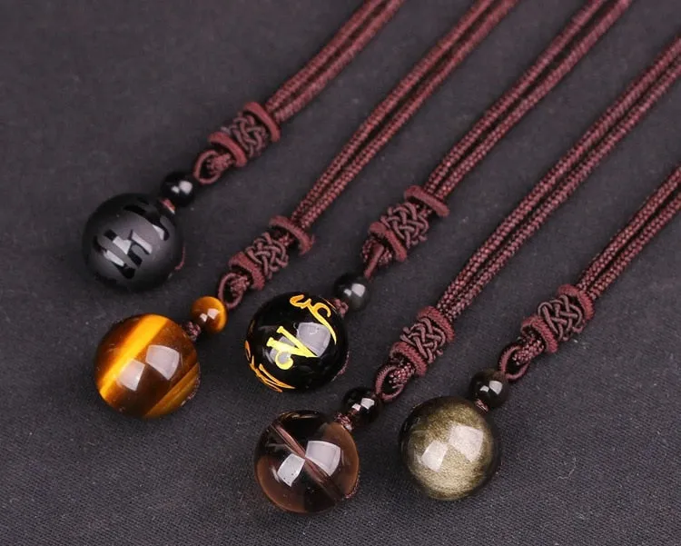 Natural Stone 16mm Black Obsidian Tiger Eye Stone Pendant Transfer Lucky Amulet Crystal Pendant Necklace