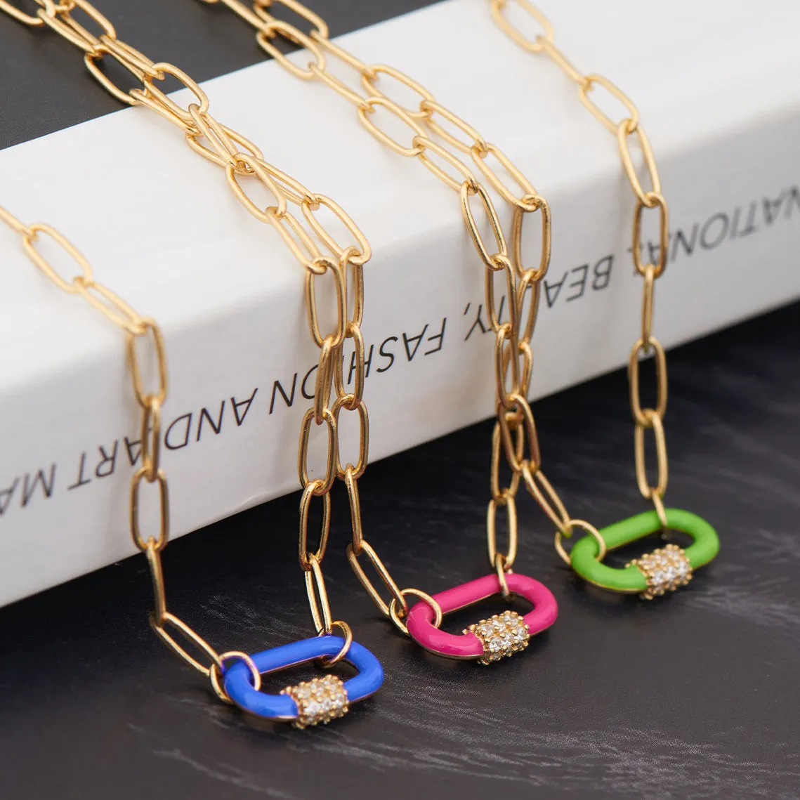 Neon Blue Enamel Carabiner Gold Necklace