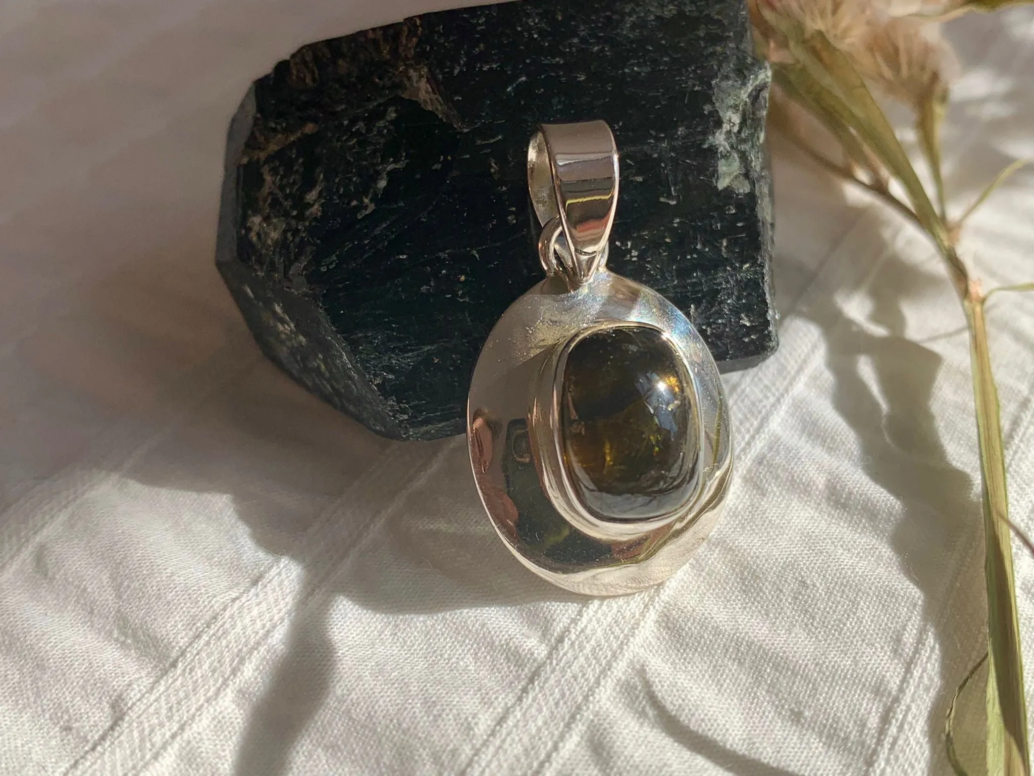 Olive Green Tourmaline Medea Pendant - Rounded Square