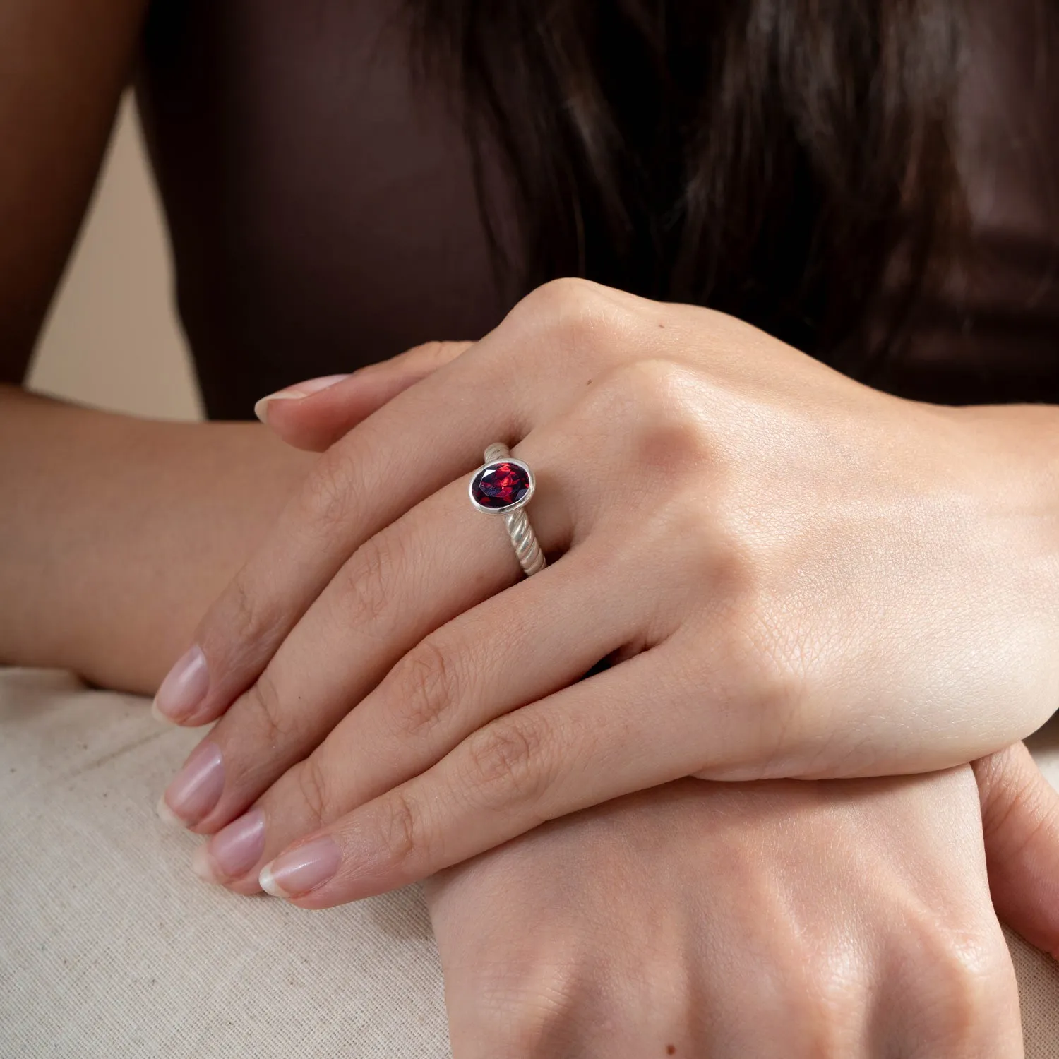 Oval Garnet Twist Twinkle Ring