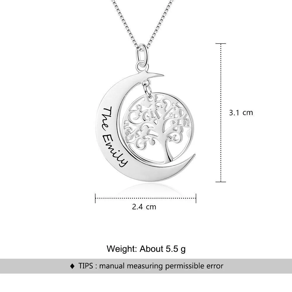 Personalized Jewellery for Women, Tree of Life Moon Pendant for Women, Name Engraving Pendant for Women