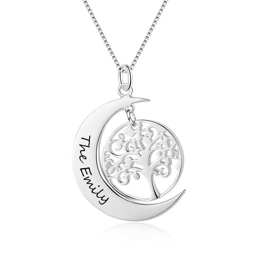 Personalized Jewellery for Women, Tree of Life Moon Pendant for Women, Name Engraving Pendant for Women