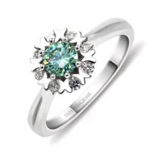 Platinum Plated Silver Halo Moissanite Ring Green 0.45ct Stone