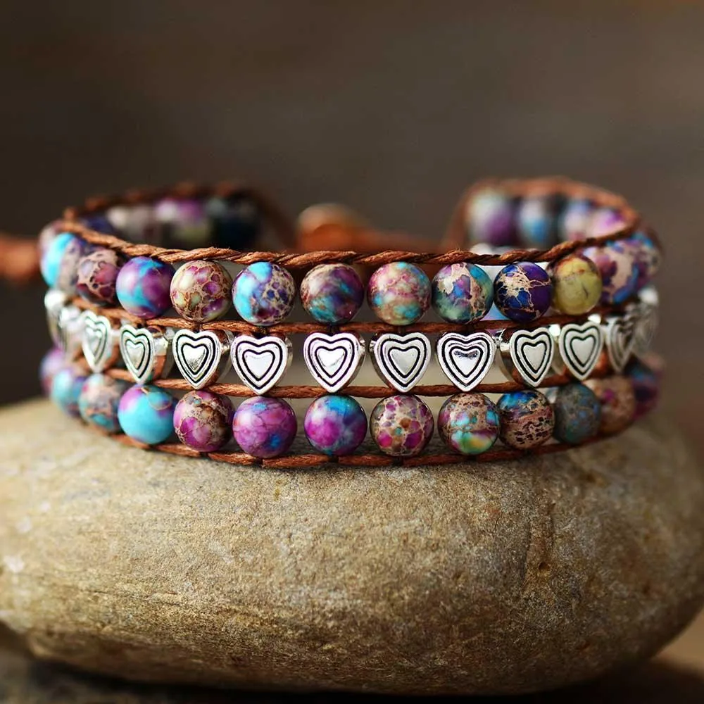 Purple-Blue Jasper & Heart Beads Cuff Bracelet