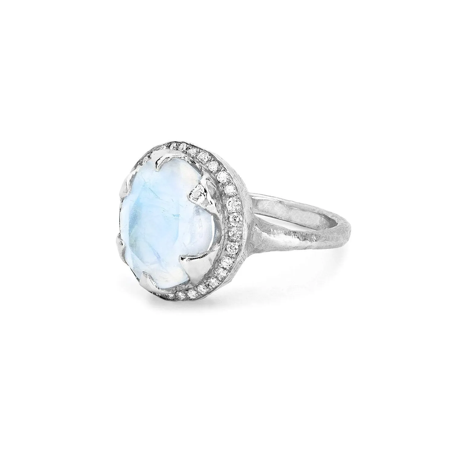 Queen Oval Moonstone Ring with Full Pavé Diamond Halo