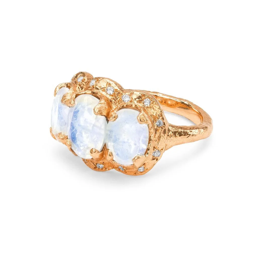 Queen Triple Goddess Moonstone Ring with Sprinkled Diamonds