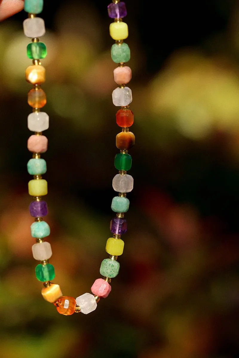 Rainbow Candy Cube Gemstone Beaded Necklace