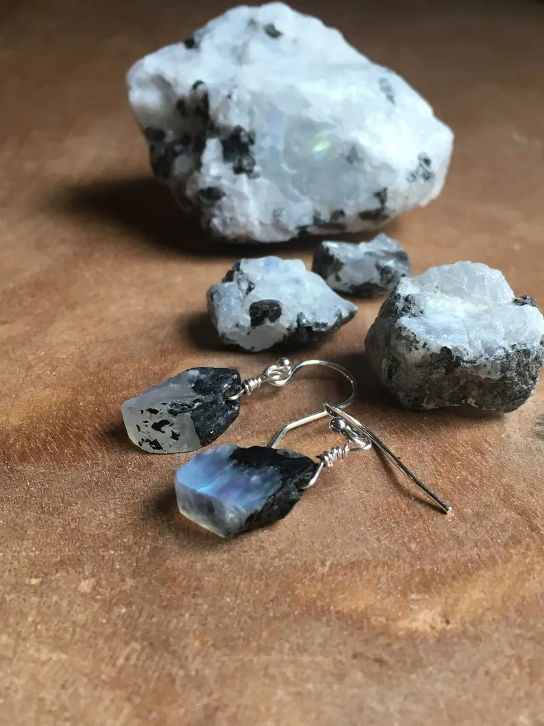 Raw Moonstone Dangle Earrings Sterling Silver or 14kt Gold Fill