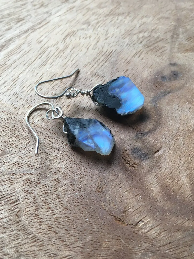 Raw Moonstone Dangle Earrings Sterling Silver or 14kt Gold Fill