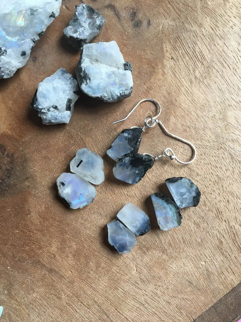 Raw Moonstone Dangle Earrings Sterling Silver or 14kt Gold Fill