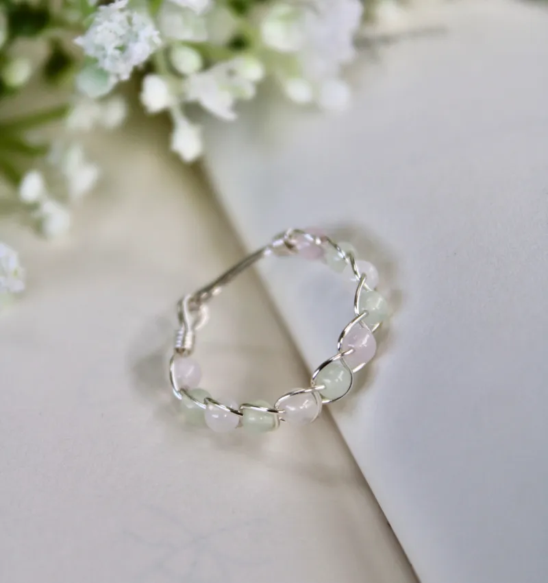 Rose Quartz & Green Jade Braided Wire Ring