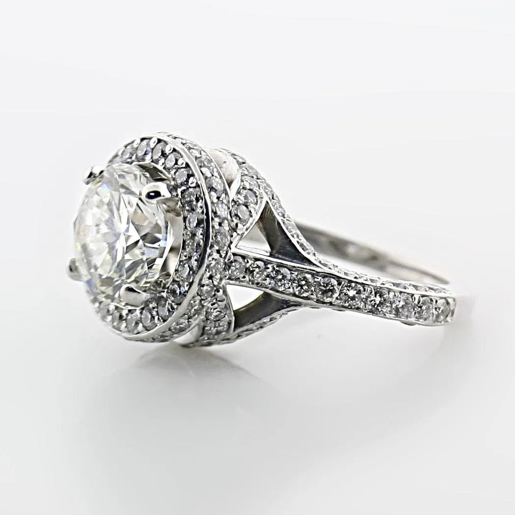 Royal Round Diamond Halo Split Shank Side Stone Engagement Ring