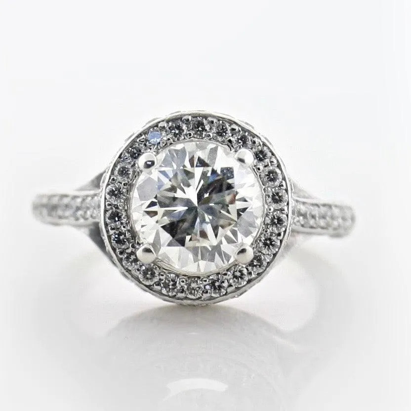 Royal Round Diamond Halo Split Shank Side Stone Engagement Ring