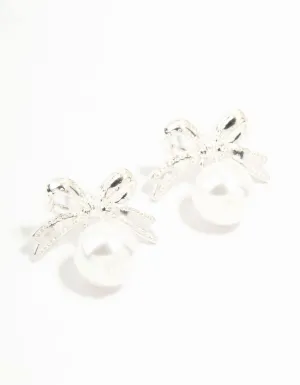 Silver Bow & Pearl Small Drop Earrings