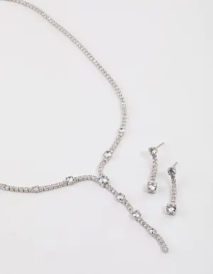 Silver Cubic Zirconia Mixed Y-Necklace & Earrings Set