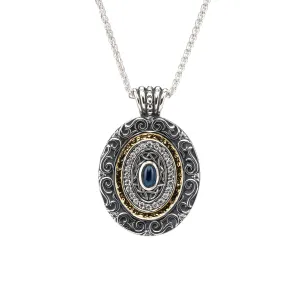 Silver With 14k Gold Gilding Filigree Oval Shield Pendant - Blue Sapphire (Synthetic)