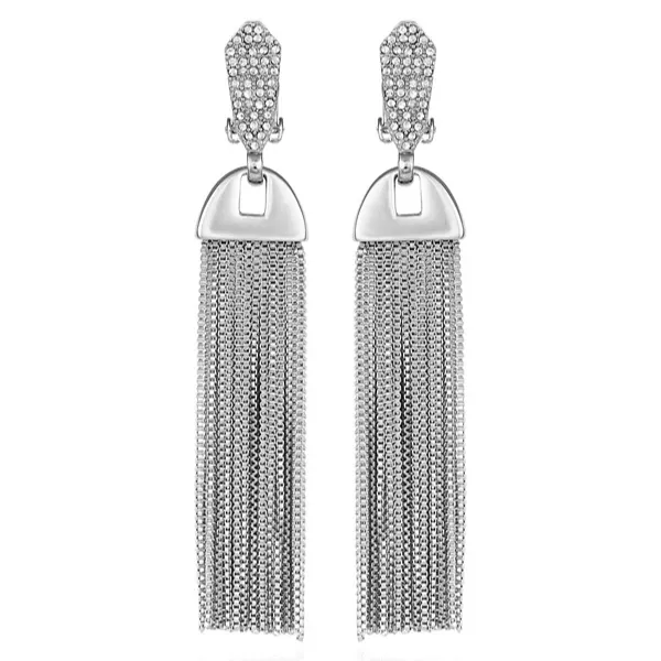 Silvertone Pave Tassel Drop Clip On Earrings