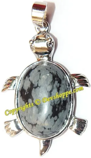 Snowflake Obsidian Tortoise (Turtle) pendant in white metal