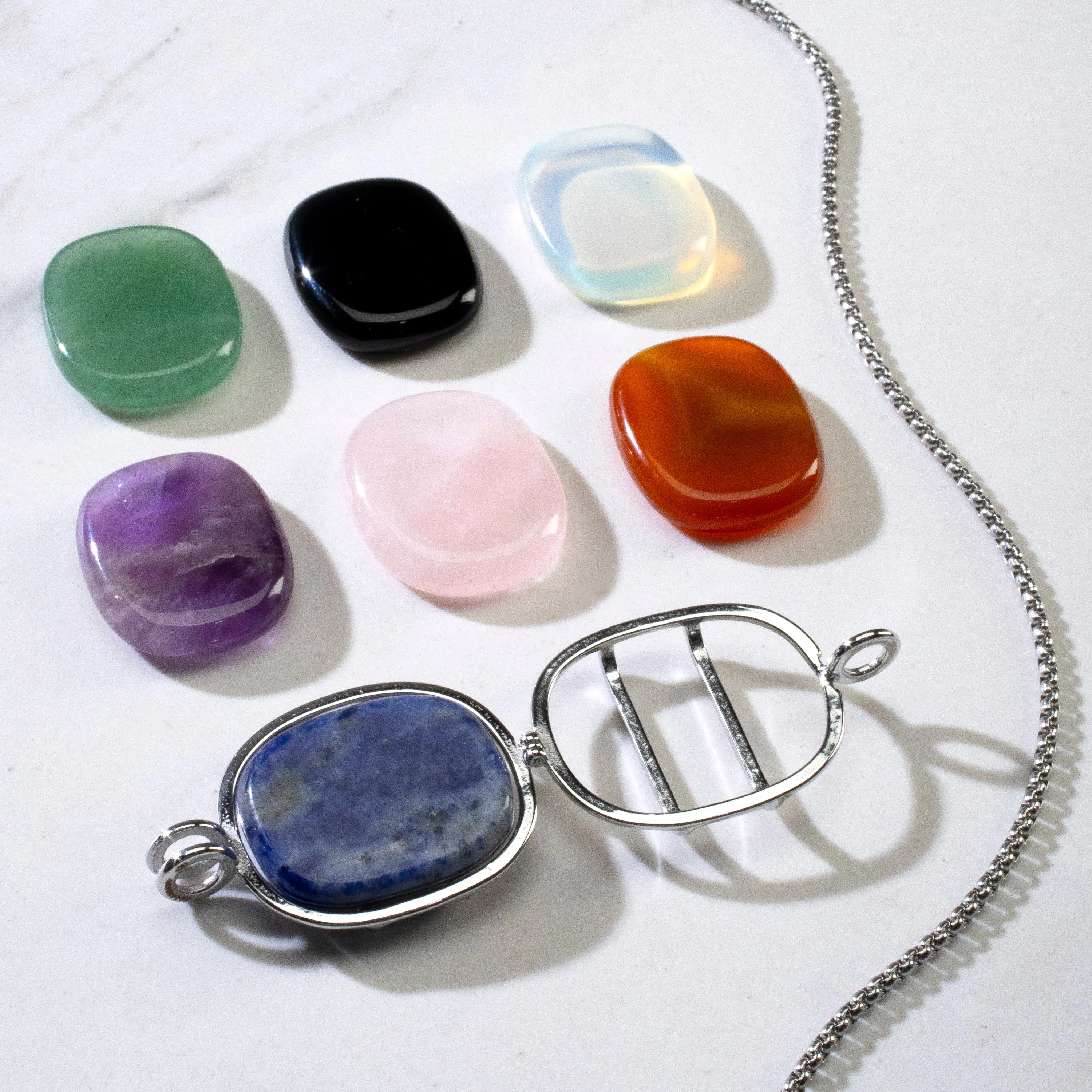 Stainless Steel Interchangeable Rectangle Locket with Chakra Gemstones | Adjustable Bolo Chain | 30"