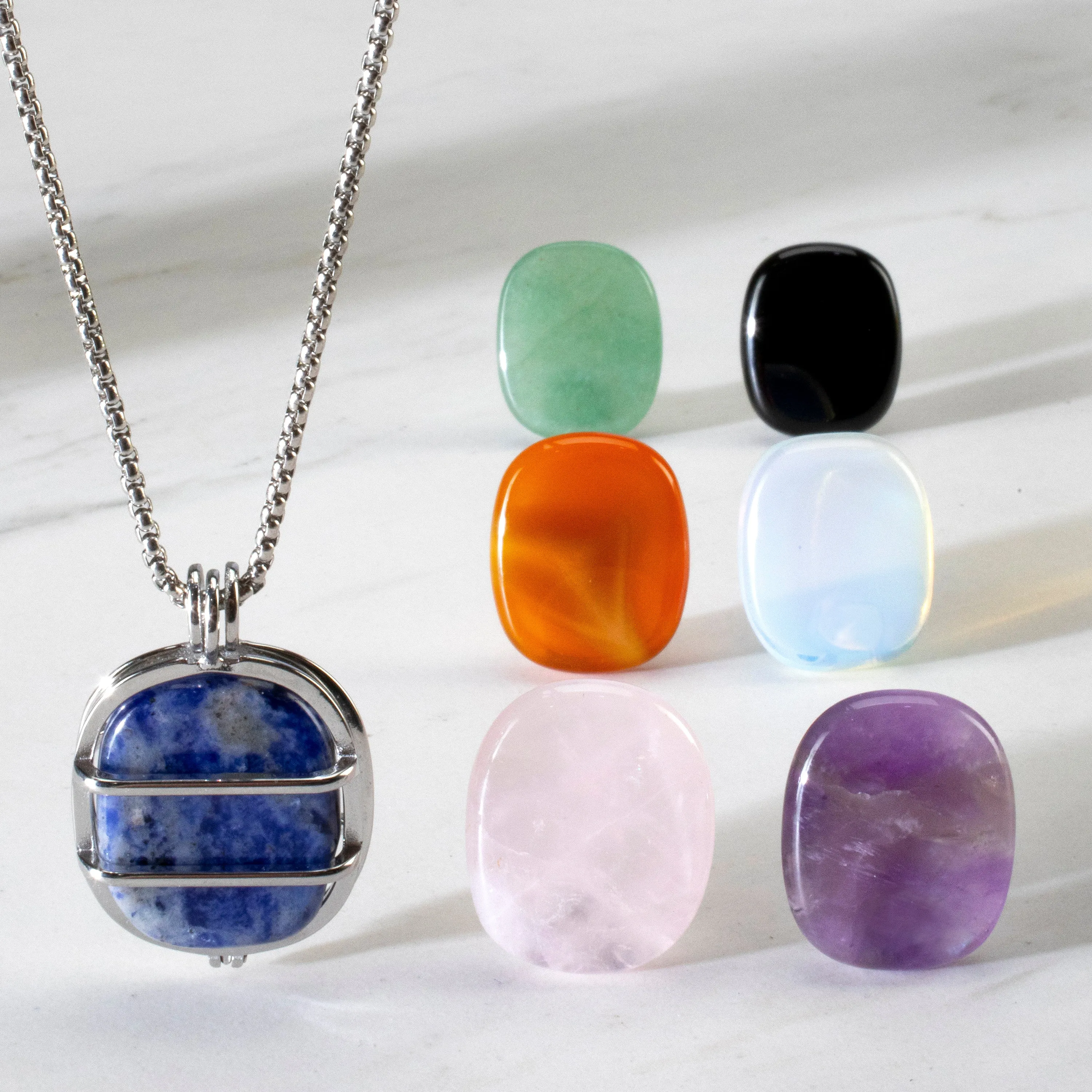 Stainless Steel Interchangeable Rectangle Locket with Chakra Gemstones | Adjustable Bolo Chain | 30"