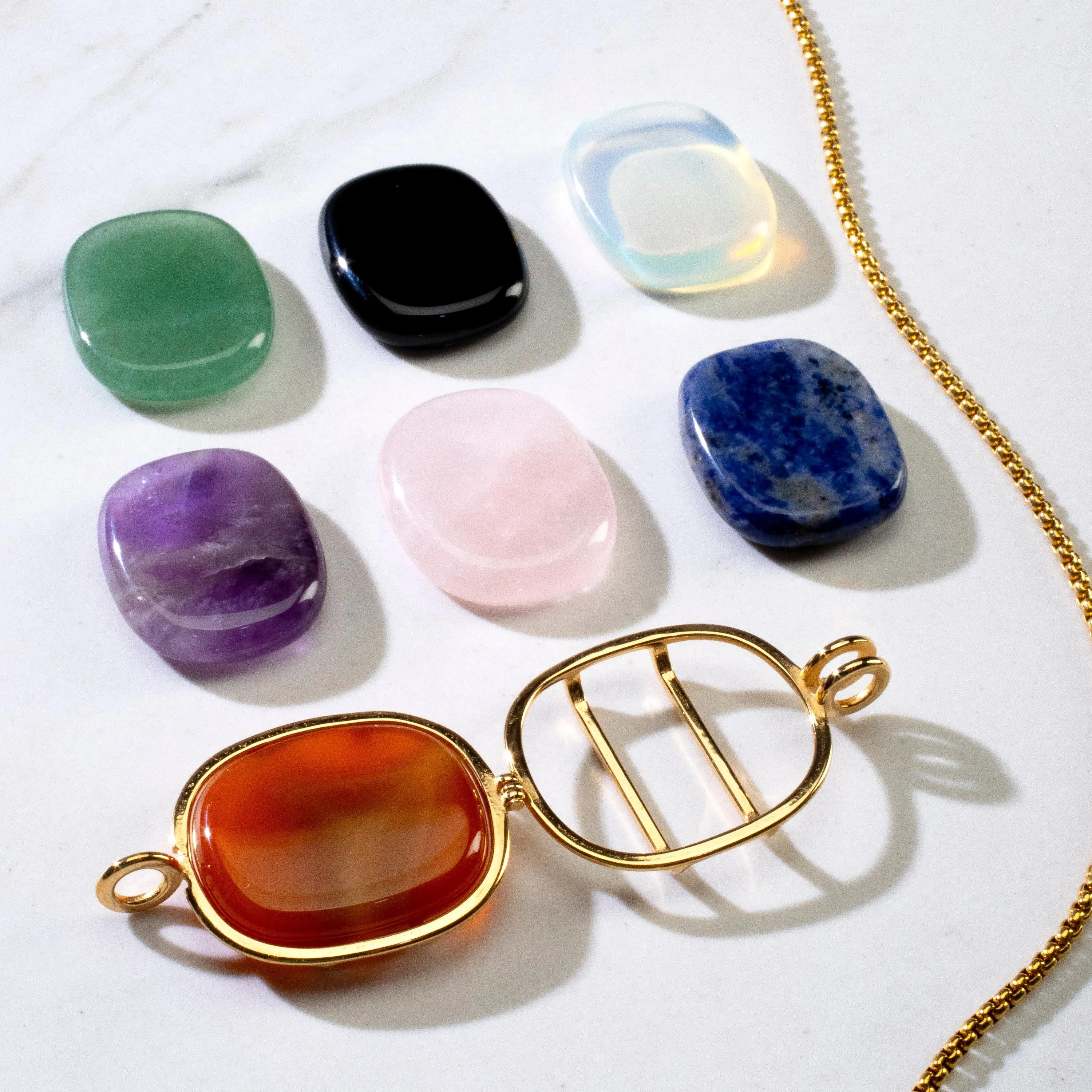 Stainless Steel Interchangeable Rectangle Locket with Chakra Gemstones | Adjustable Bolo Chain | 30"