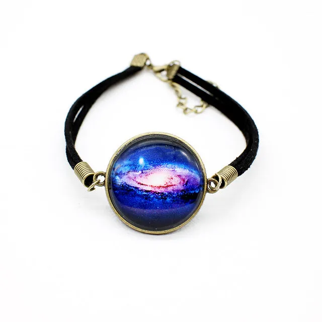 Star Leather charm Bracelet big Space Galaxy Cabochon rope chain Bracelet Pulseira Feminino round glass statement Jewelry unisex