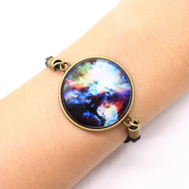 Star Leather charm Bracelet big Space Galaxy Cabochon rope chain Bracelet Pulseira Feminino round glass statement Jewelry unisex