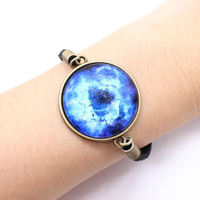 Star Leather charm Bracelet big Space Galaxy Cabochon rope chain Bracelet Pulseira Feminino round glass statement Jewelry unisex