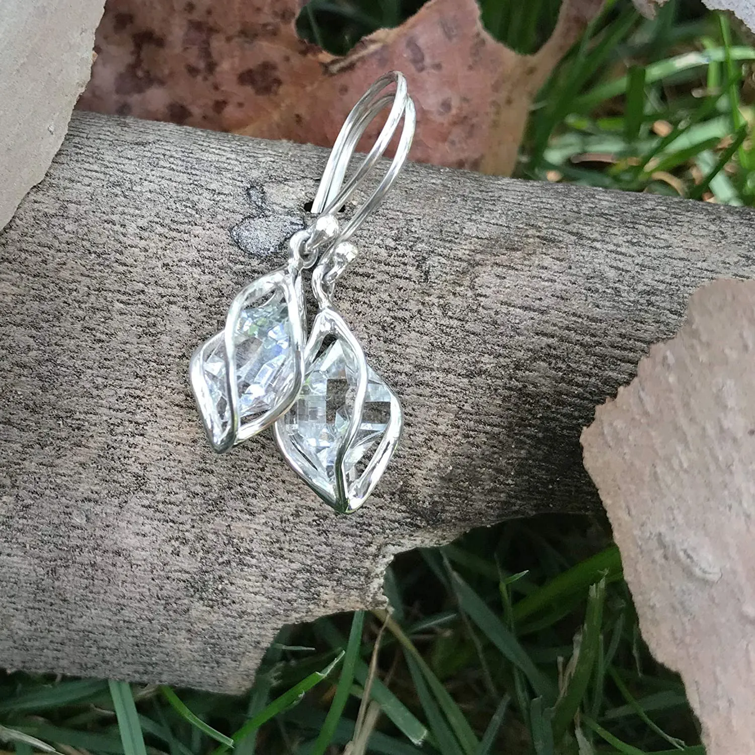 Starborn Sterling Silver cage set natural Herkimer Diamond Quartz Earrings