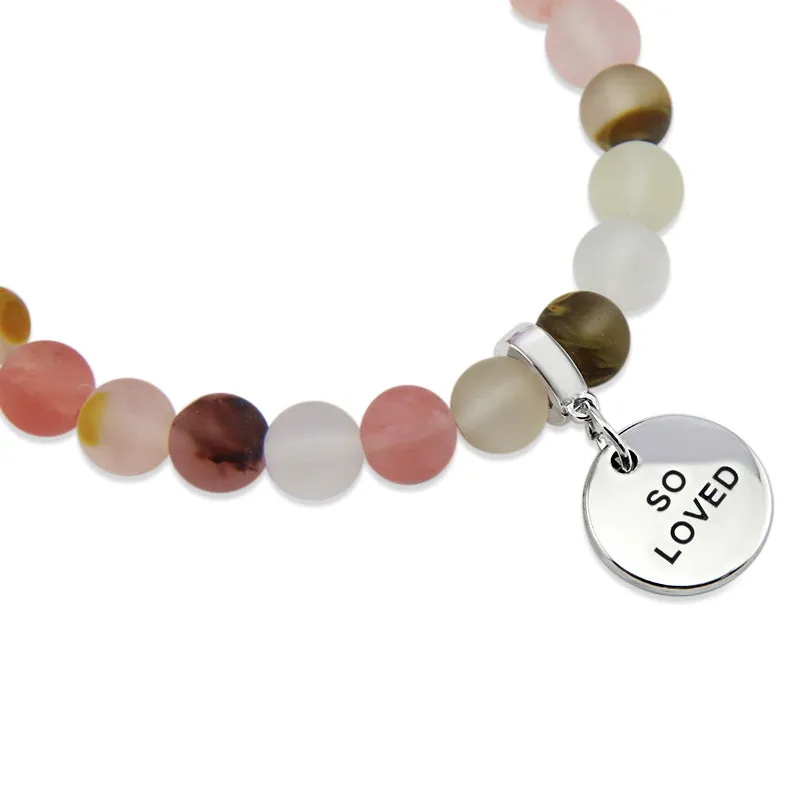 Stone Bracelet - Frosted Watermelon & Tigerskin 8mm Beads - With Silver Word Charms