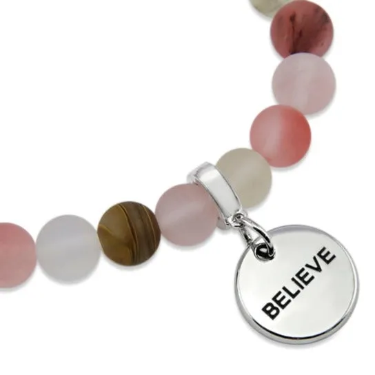 Stone Bracelet - Frosted Watermelon & Tigerskin 8mm Beads - With Silver Word Charms